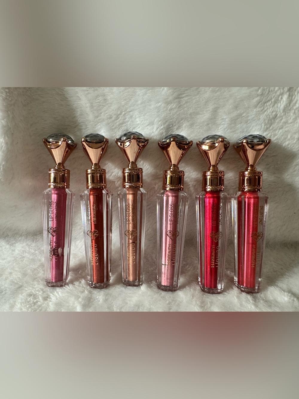 Rose Gold Diamond-Top Liquid Lip Gloss Set - Shimmery Reds & Pinks